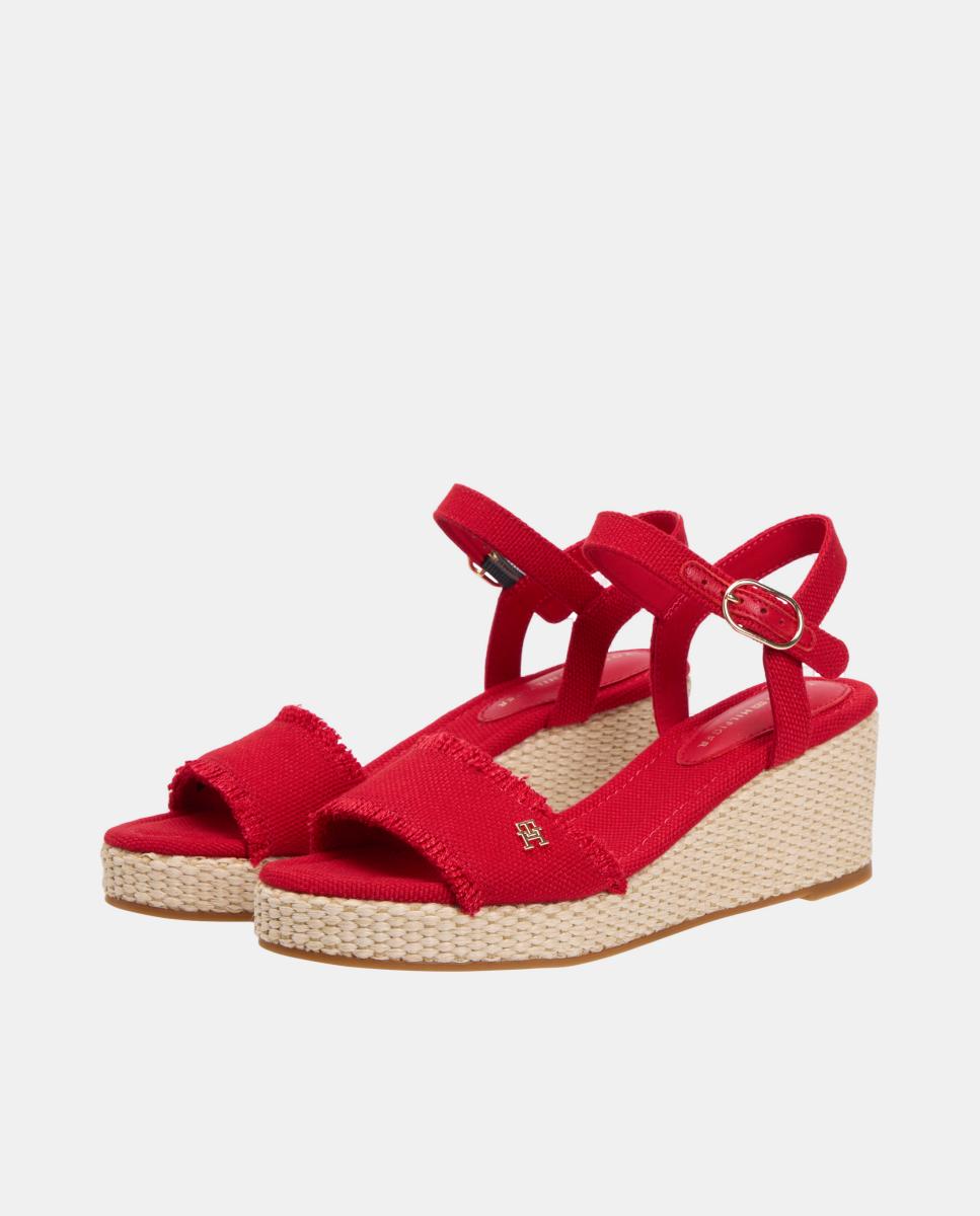 Sapatos de Cunha Médios de Juta com Logótipo Dourado Vermelho-4