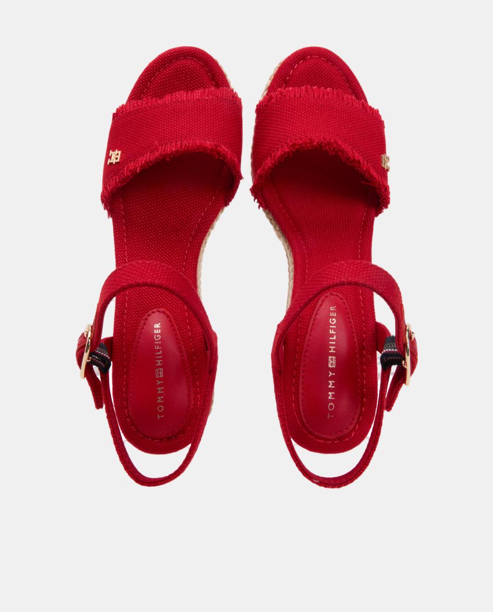 Sapatos de Cunha Médios de Juta com Logótipo Dourado Vermelho-5