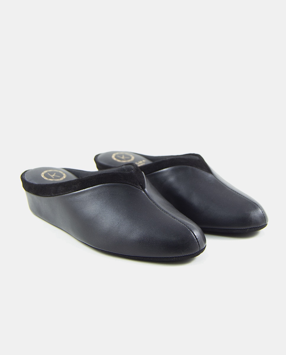 Imagen 2 de Zapatillas de casa abiertas de mujer en piel con cuña - Kosma - Negro Negro