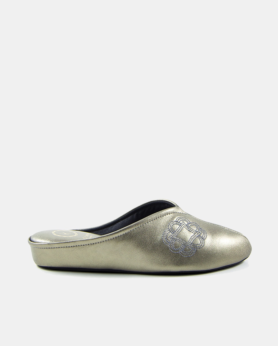 Zapatillas de casa abiertas de mujer en piel laminada con cuña - Kosma - Plata Plata-1