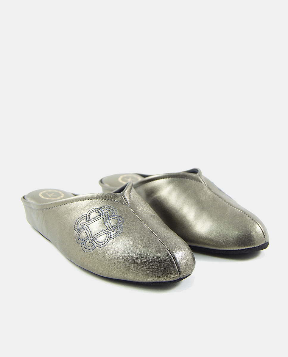 Zapatillas de casa abiertas de mujer en piel laminada con cuña - Kosma - Plata Plata-2