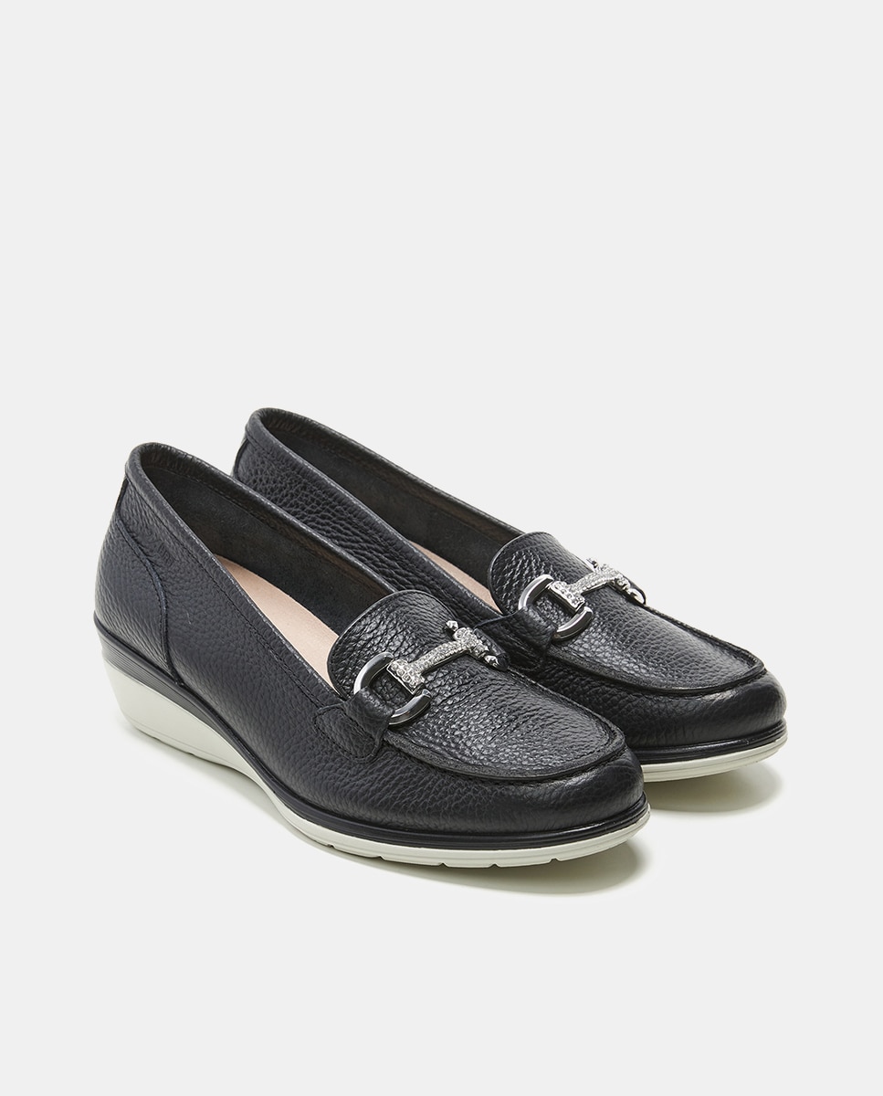 Mocassins de Cunha em Pele Metalizada - Platina Preto-2