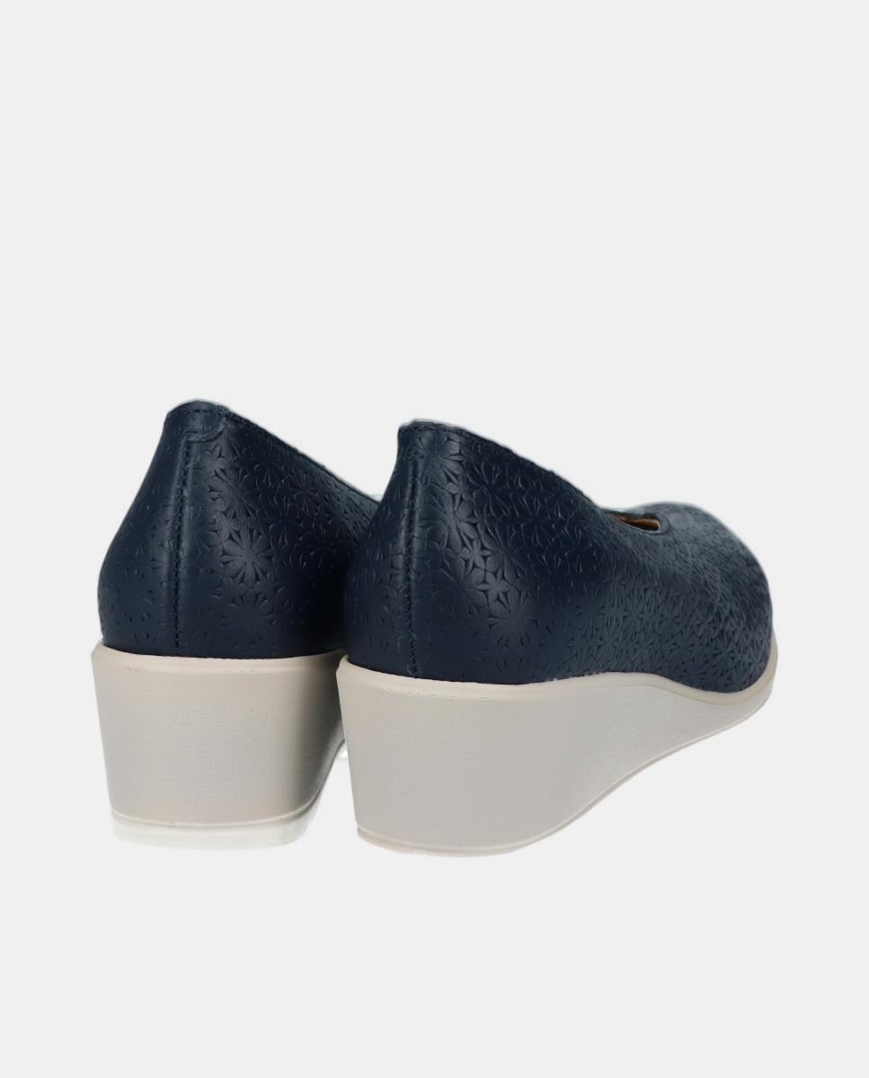 Sapatos de Salto em Pele com Cunha - Bege Azul-marinho-3