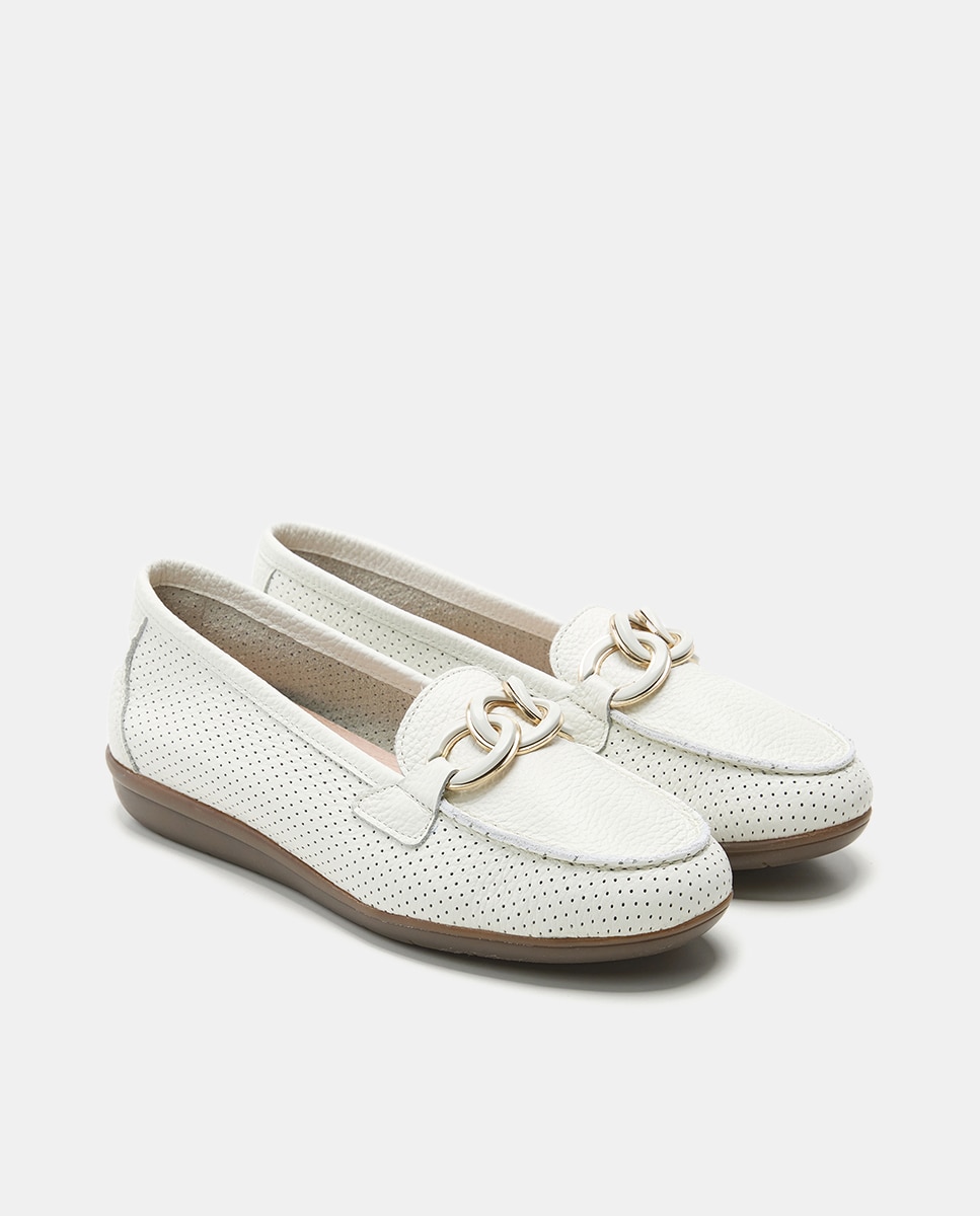 Mocassins em Pele com Corrente de Elos - Branco Branco-2