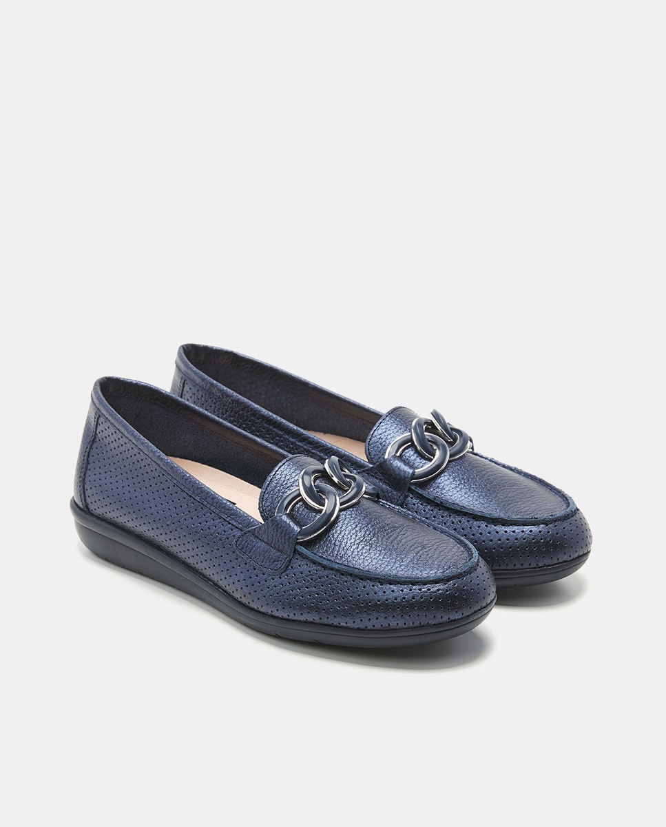 Mocasín en piel blanca con cadena de eslabones - 24HRS - Azul Azul-2