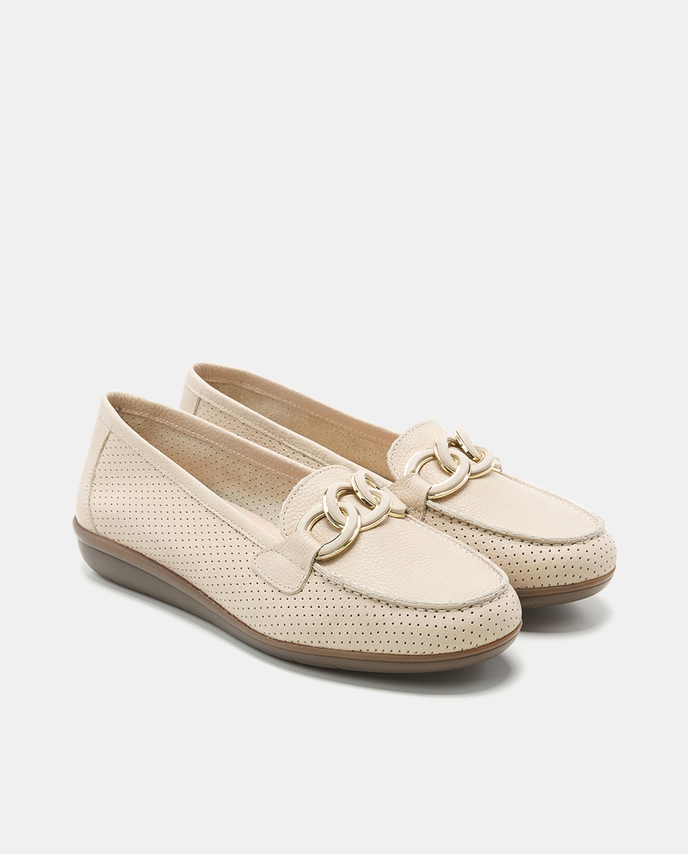 Mocassins em Pele com Corrente de Elos - Branco Natural-2