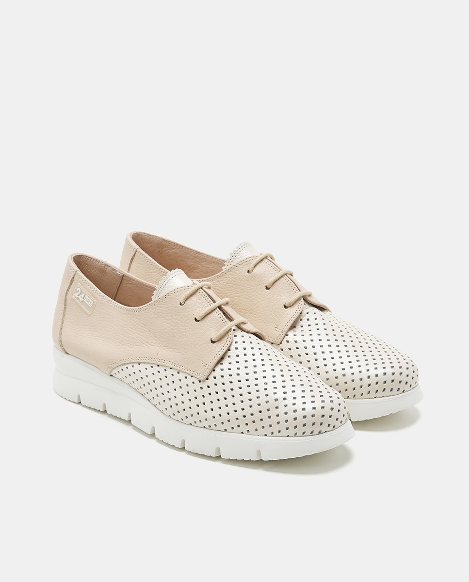 Bluchers em Pele com Rendilhados - Bege Natural-2