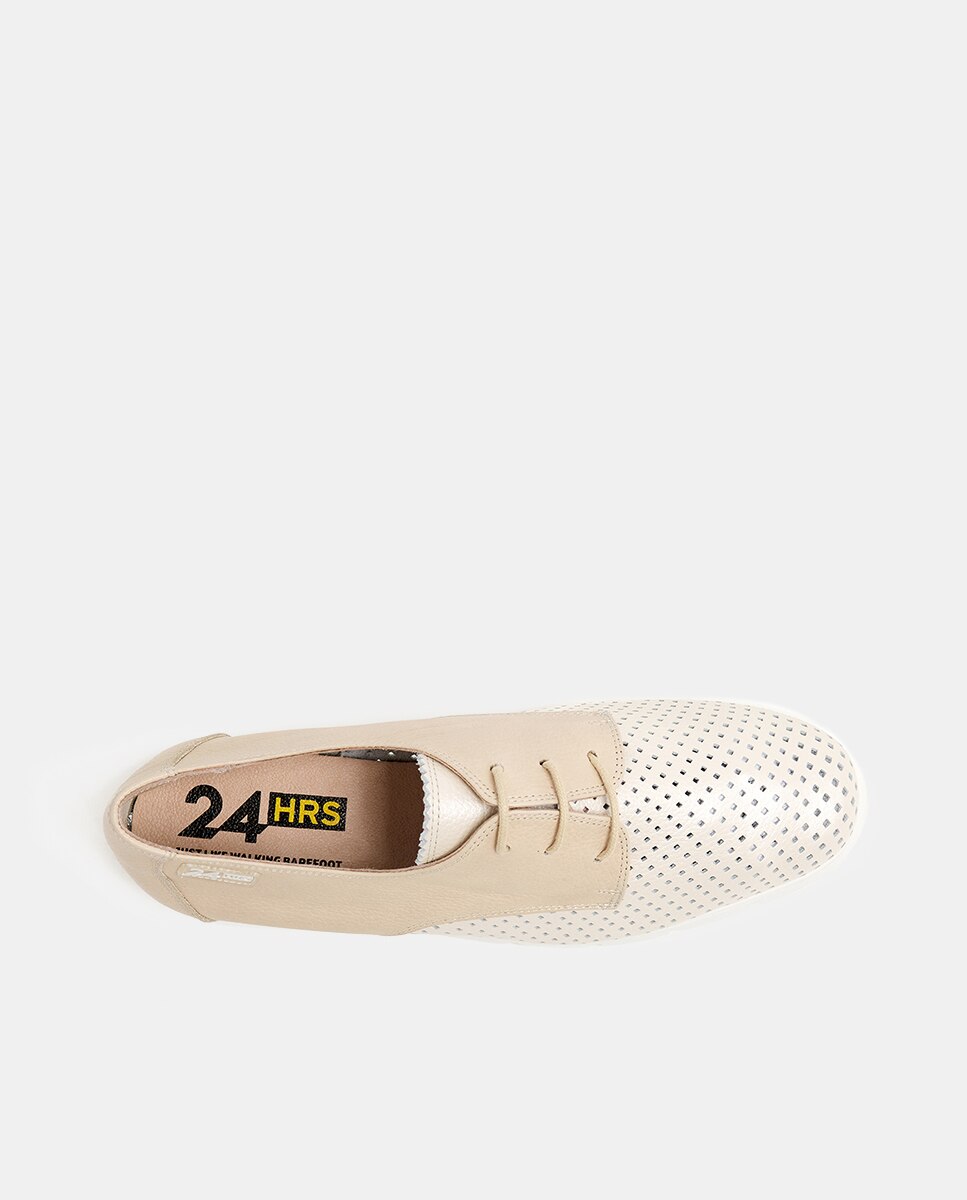 Bluchers em Pele com Rendilhados - Bege Natural-3