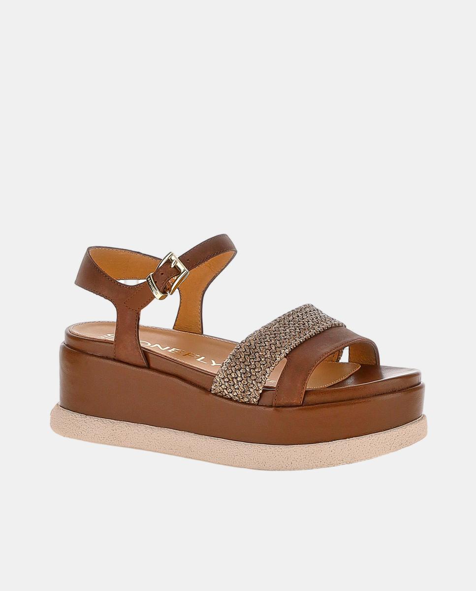 Sandálias com Fivela e Sola Flat de Ráfia Castanho-2