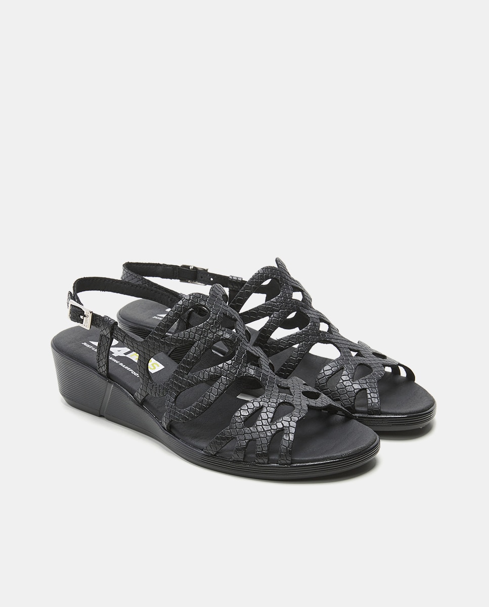 Sandalias de cuña de mujer en piel troquelada - 24HRS - Negro Negro-2