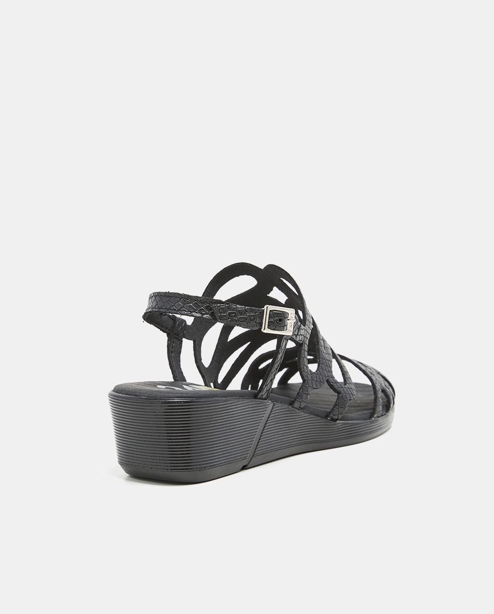 Sandalias de cuña de mujer en piel troquelada - 24HRS - Negro Negro-3