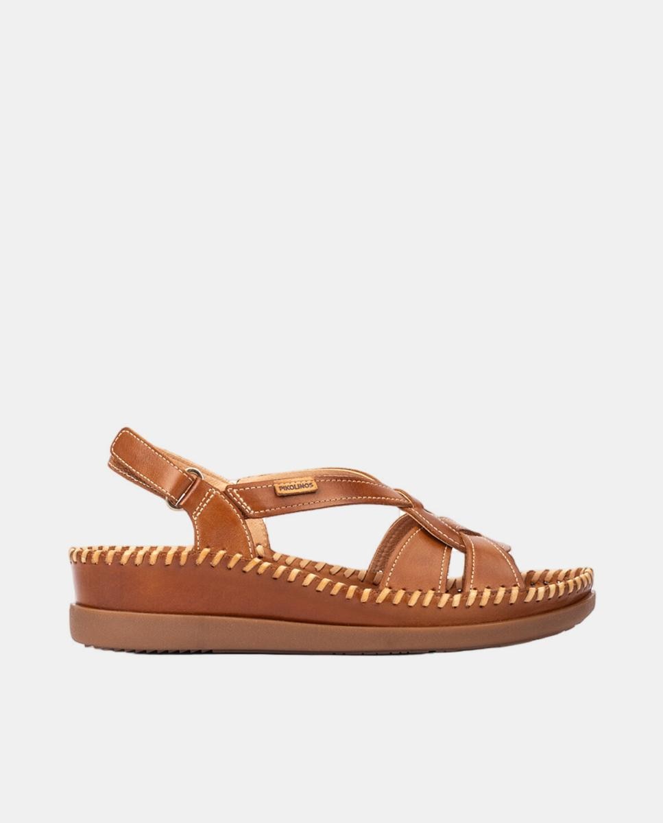 Pikolinos - Sandalias de cuña de mujer de piel con cierre adherente en color marrón.