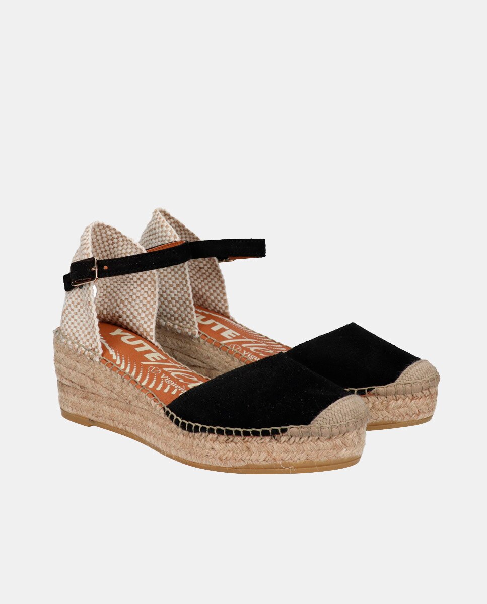 Alpargata mujer en piel con hebilla en cuña yuteflex - Viguera - Negro Negro-2