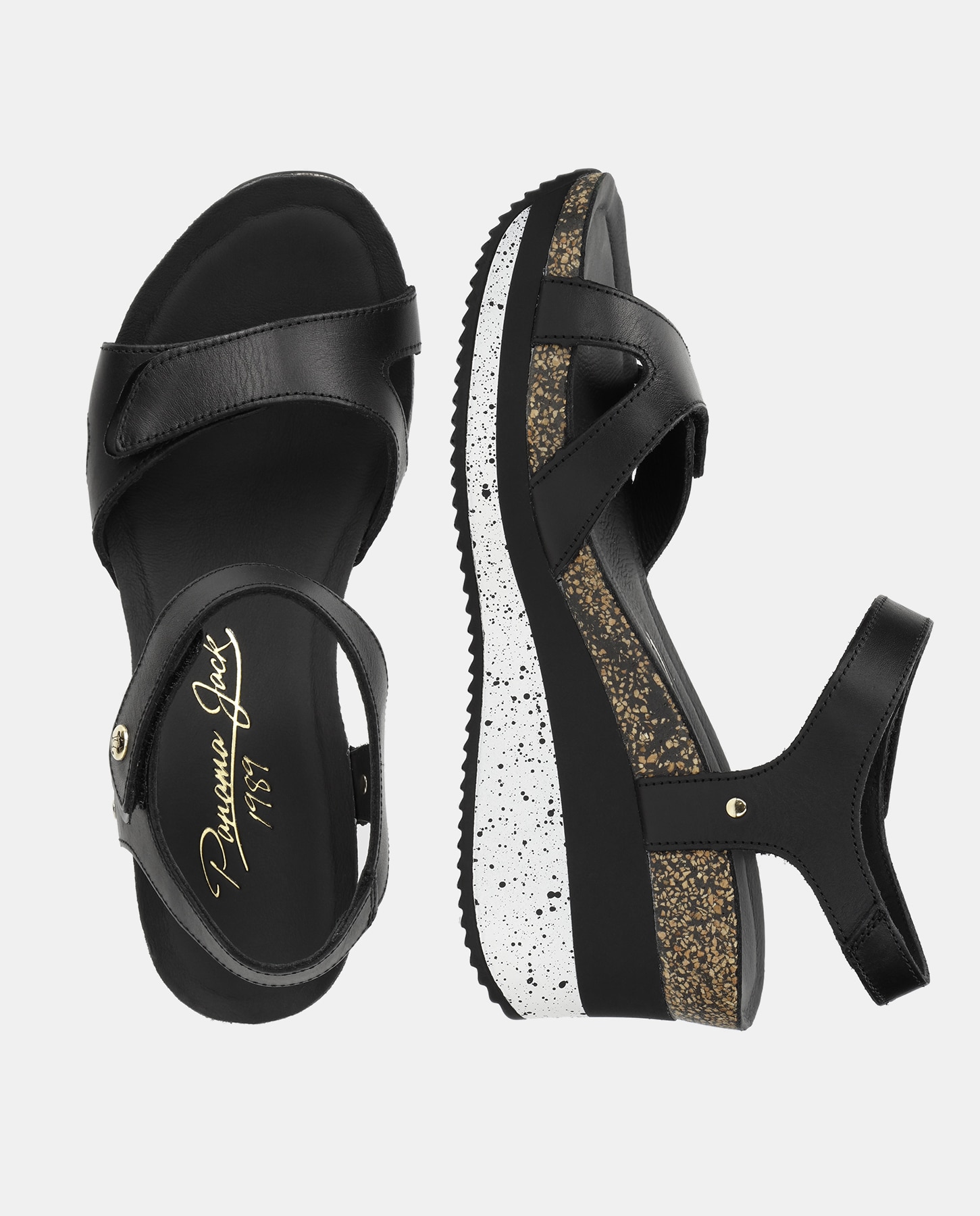 Sandálias de Tiras com Pulseira pelo Tornozelo, Fecho Aderente e Cunha - Preto Preto-5