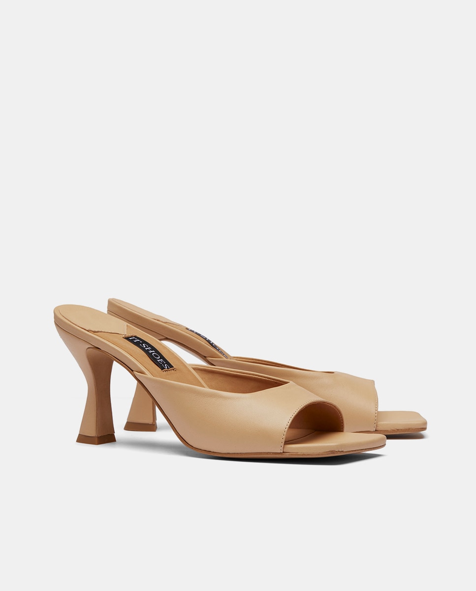 Mules Jacqueline em Pele com Salto Afunilado Bege-2