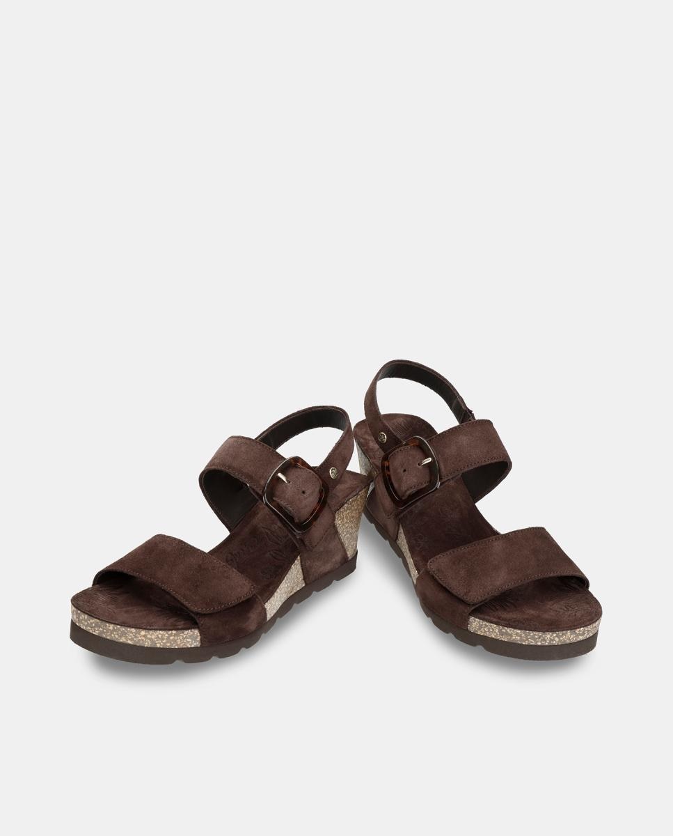 Sandálias de Cunha em Velour com Forro de Pele Castanho-chocolate-2