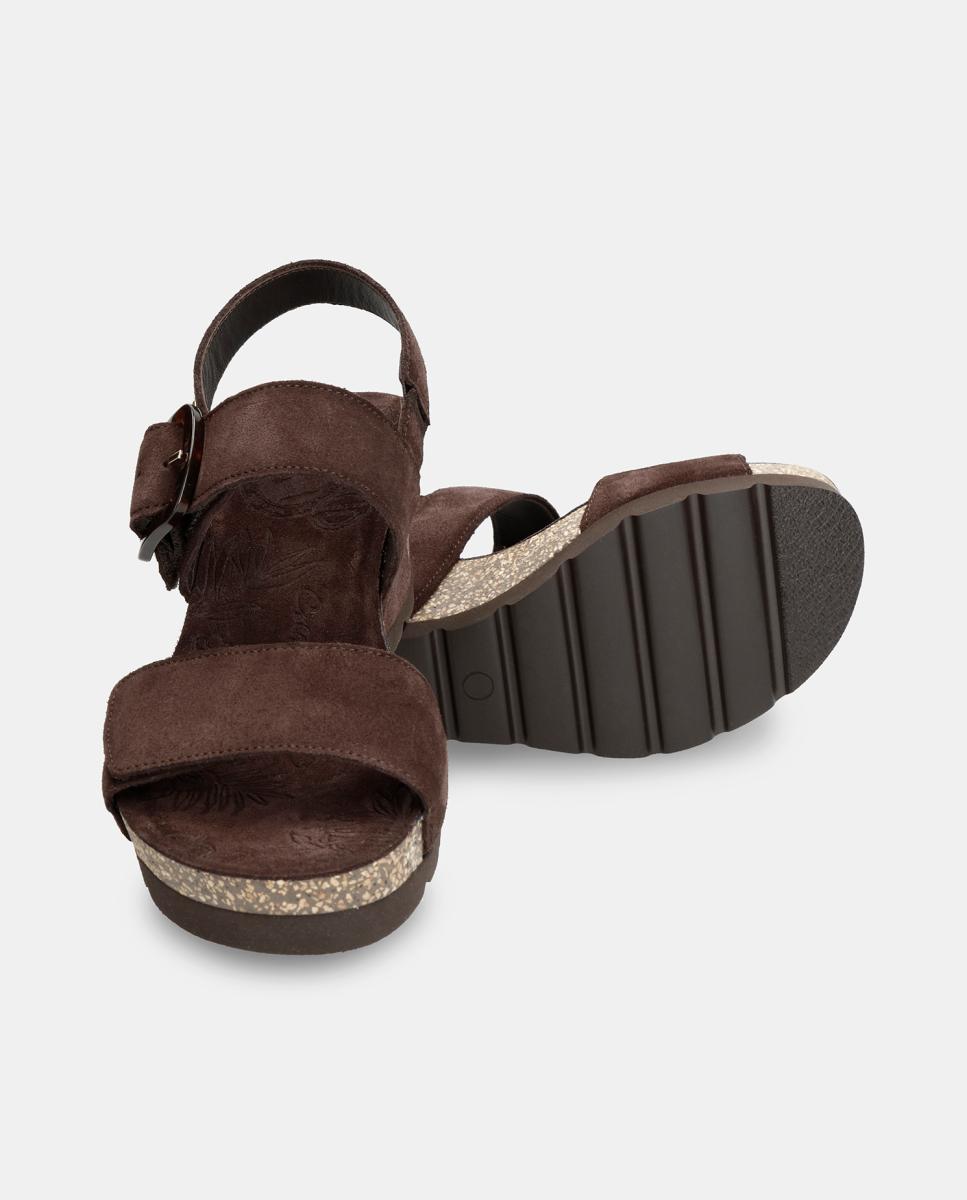 Sandálias de Cunha em Velour com Forro de Pele Castanho-chocolate-3