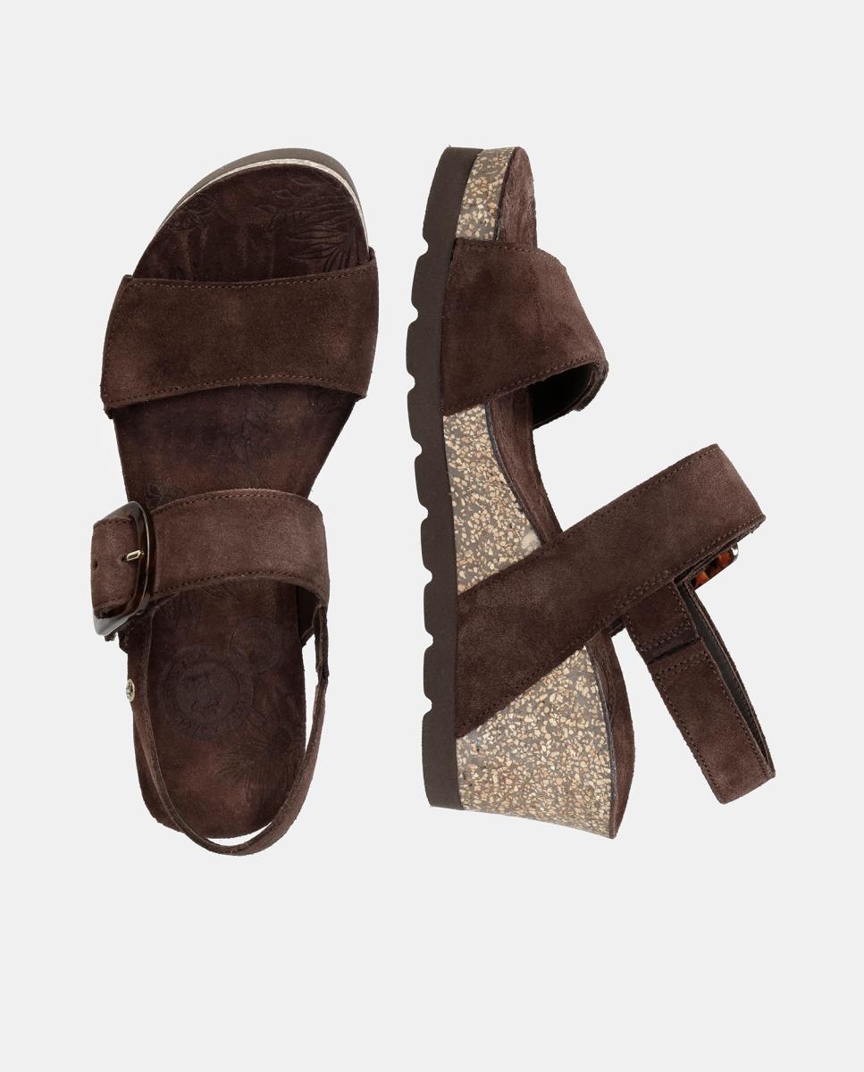 Sandálias de Cunha em Velour com Forro de Pele Castanho-chocolate-5