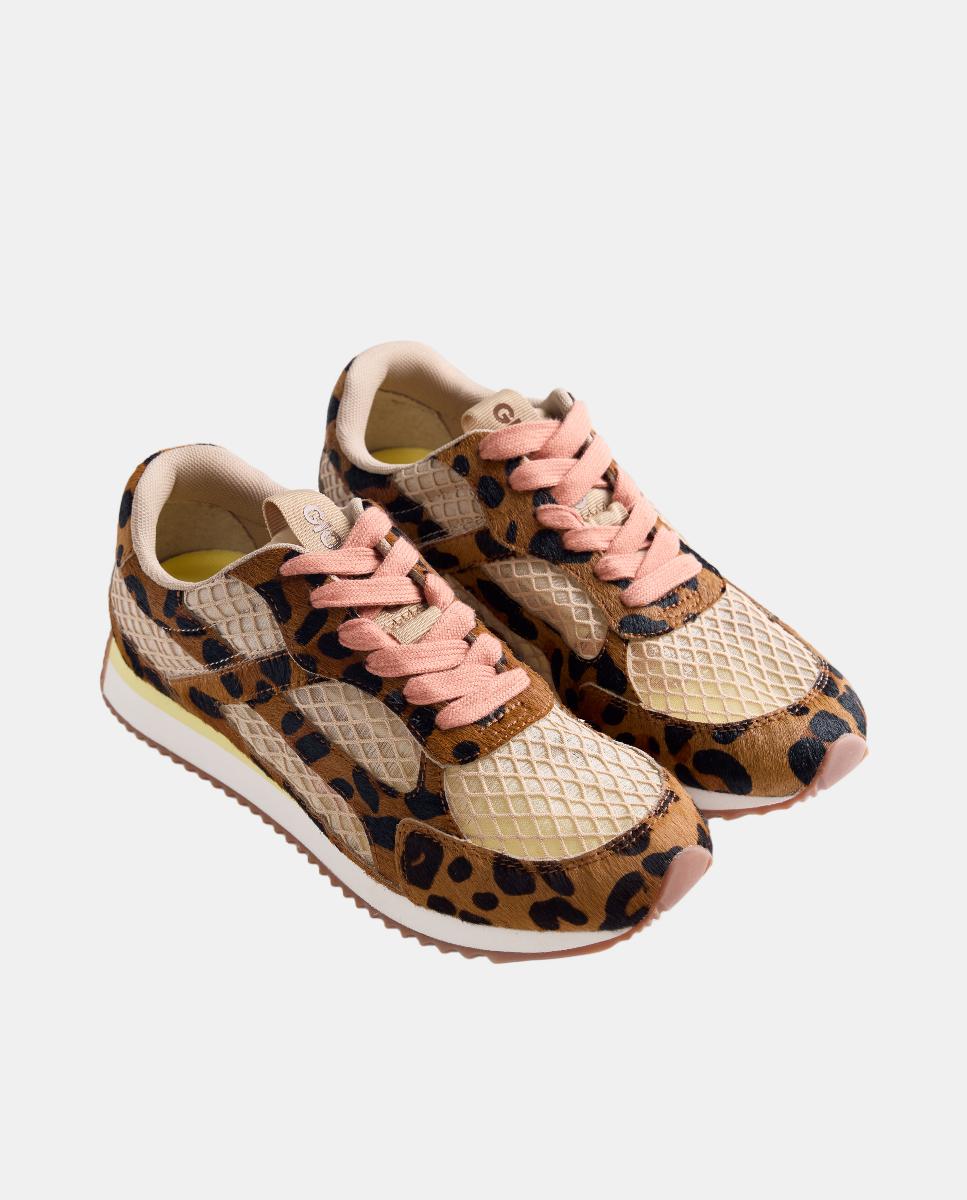 Sapatilhas em Pele e Rede com Animal Print Castanho-2