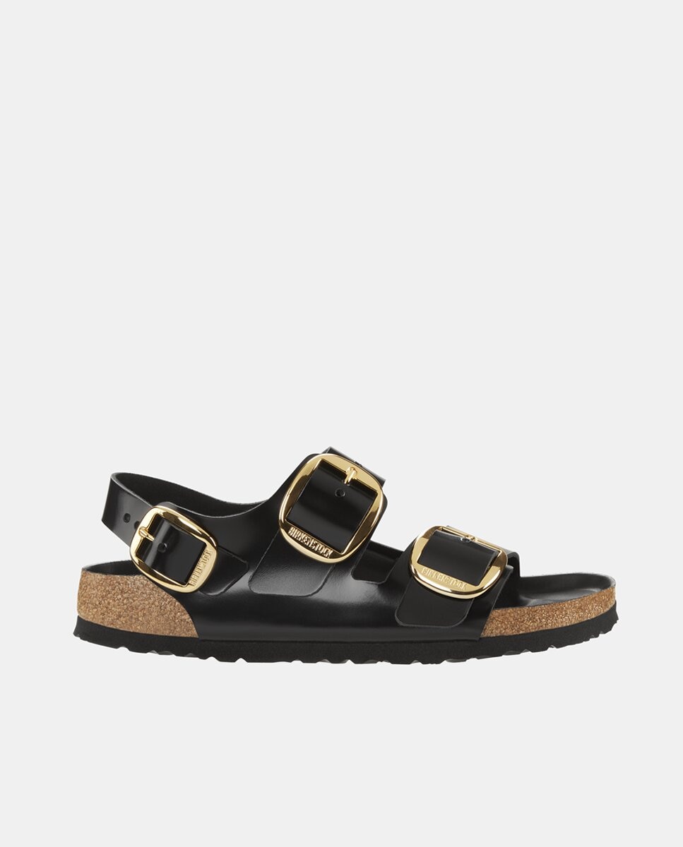 Sandálias Rasas Milano Big Buckle em Pele Preto-1