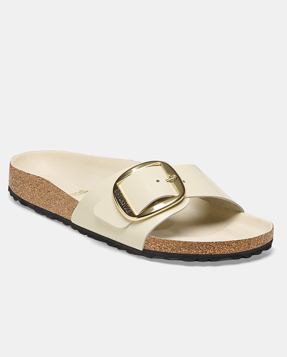 Sandálias Madrid em Couro Natural Envernizado com Fivela Grande Branco Osso-3