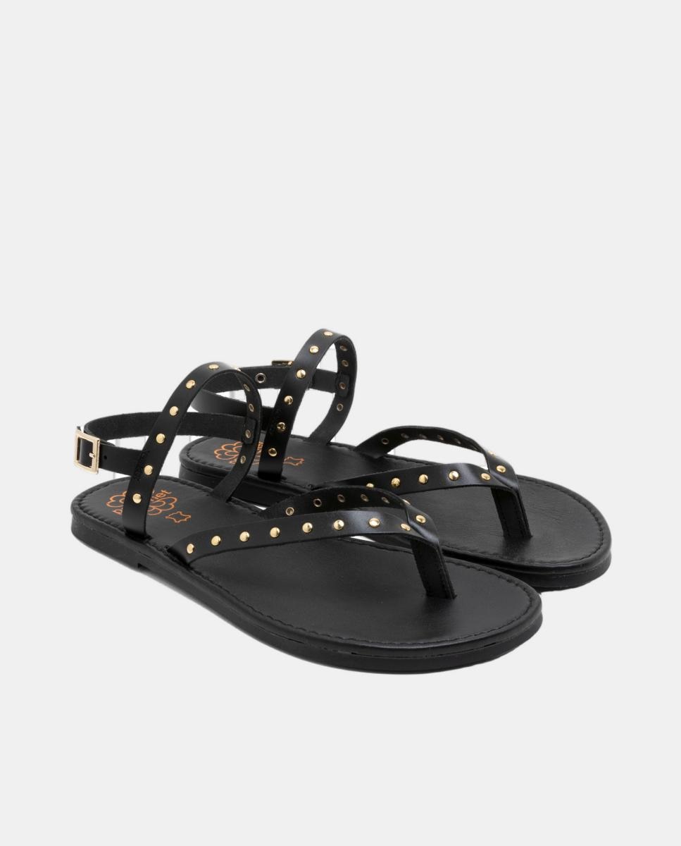 Sandalia plana de piel tachuelas alessandra taupe - Porronet - Negro Negro-2