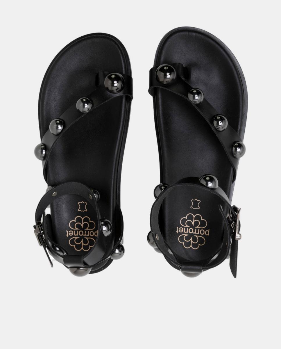 Sandálias em Pele com Tachas de Bola Mariana - Preto Preto-5