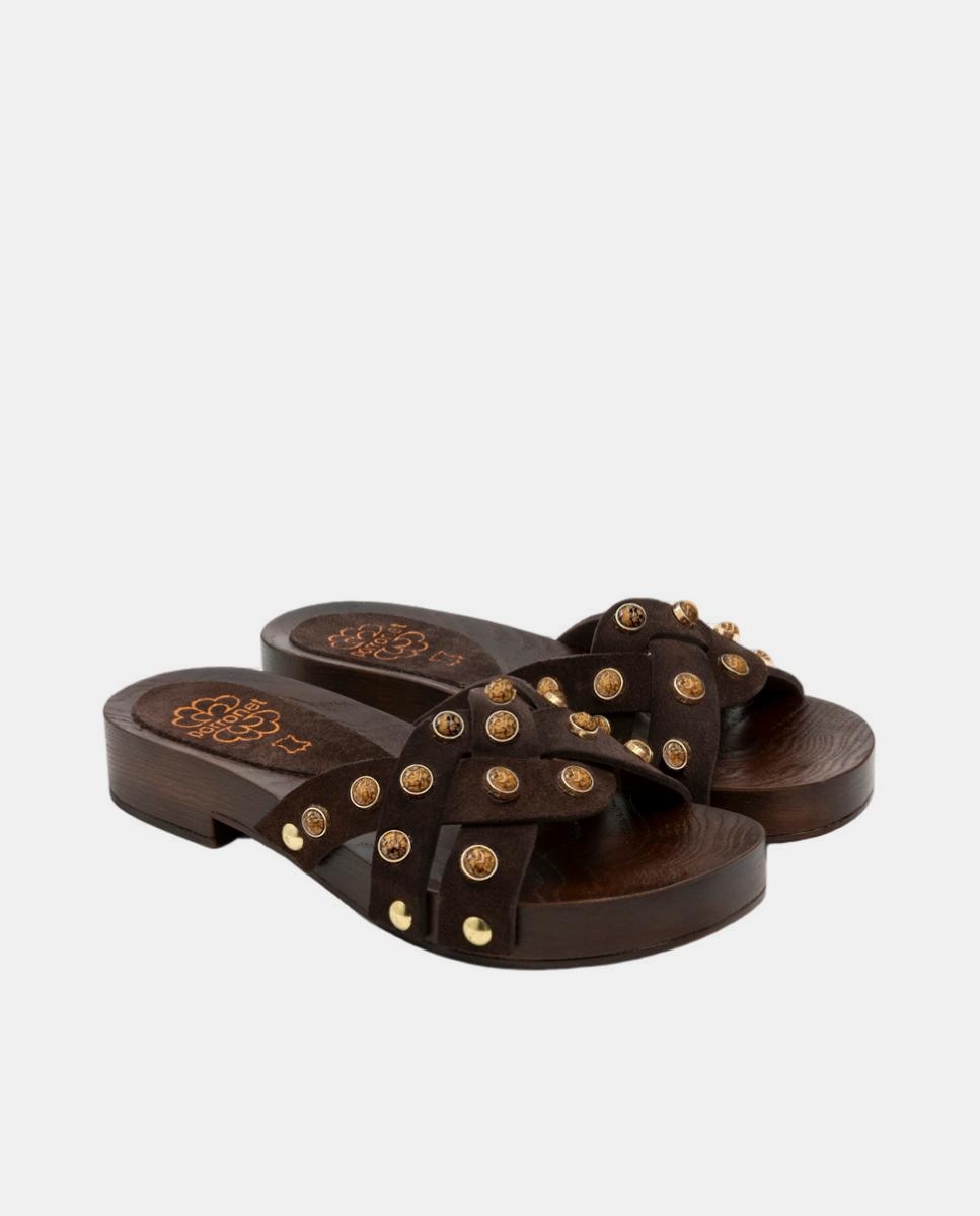 Sandálias Tipo Mules de Tiras em Pele com Pedraria Valeria - Camel Castanho-chocolate-2