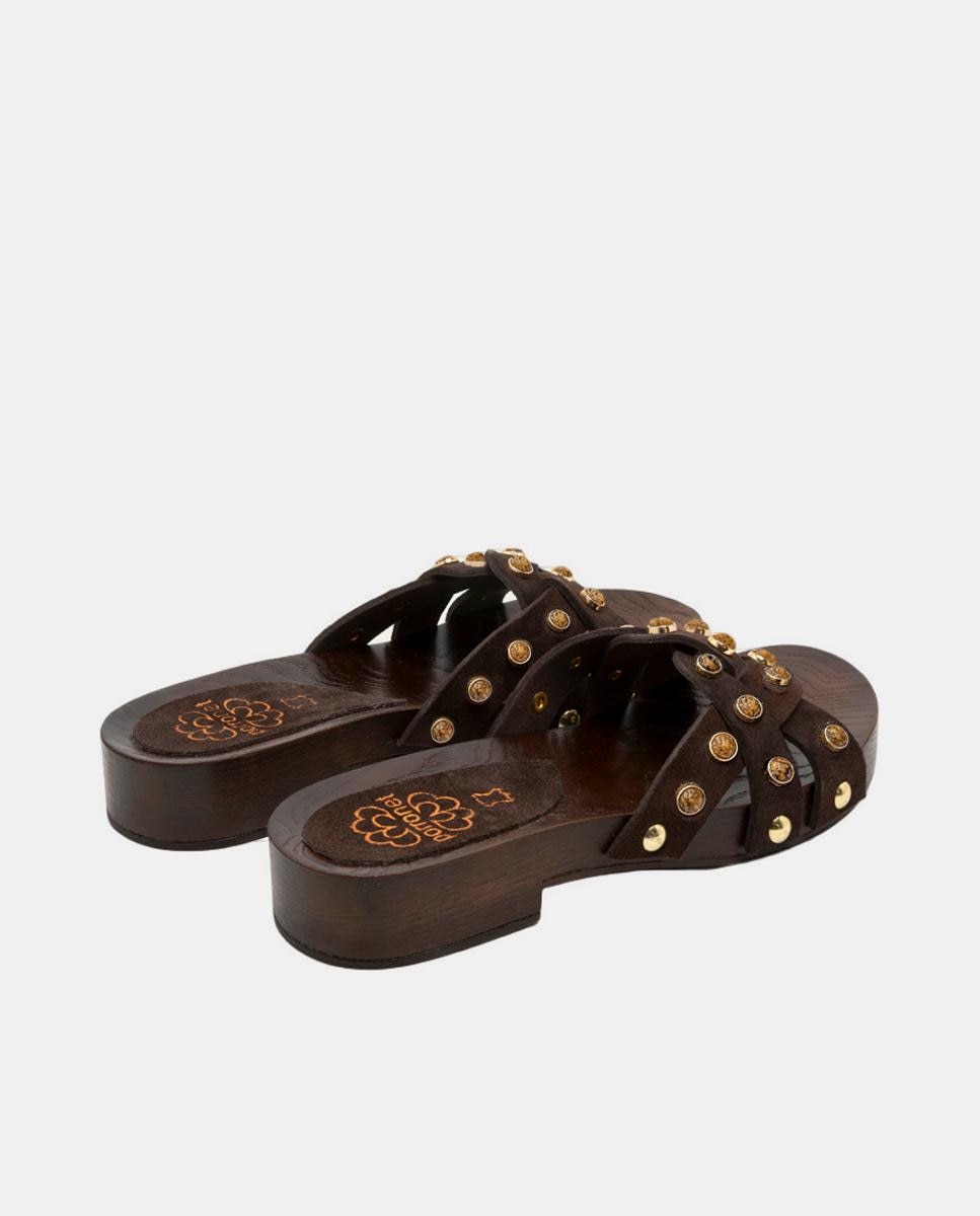 Sandálias Tipo Mules de Tiras em Pele com Pedraria Valeria - Camel Castanho-chocolate-3