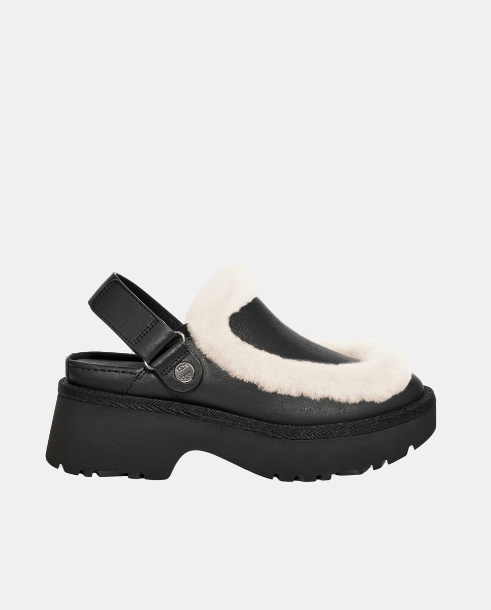 Mules com Salto Esmee Clog. Em Pele e Forrados com Pelo. Preto-1