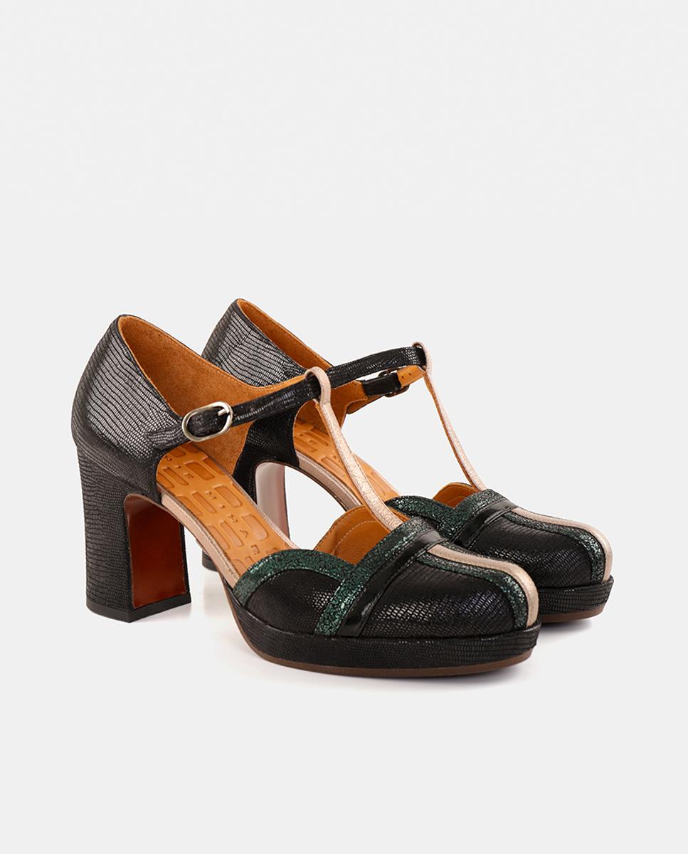 Sapatos de Mulher em Pele com Salto e Plataforma Exterior com Fecho de Fivela Preto-2