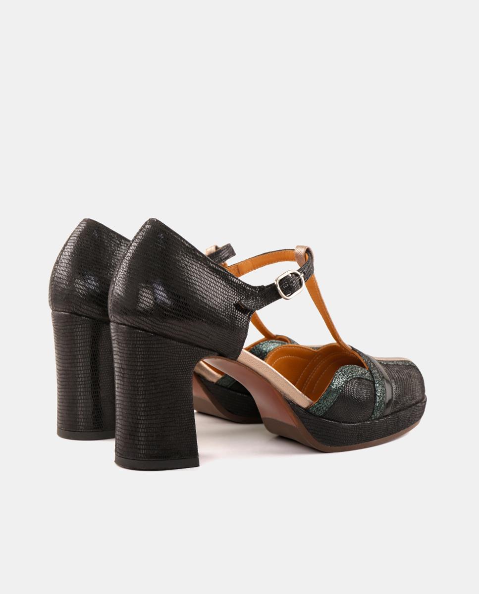 Sapatos de Mulher em Pele com Salto e Plataforma Exterior com Fecho de Fivela Preto-3