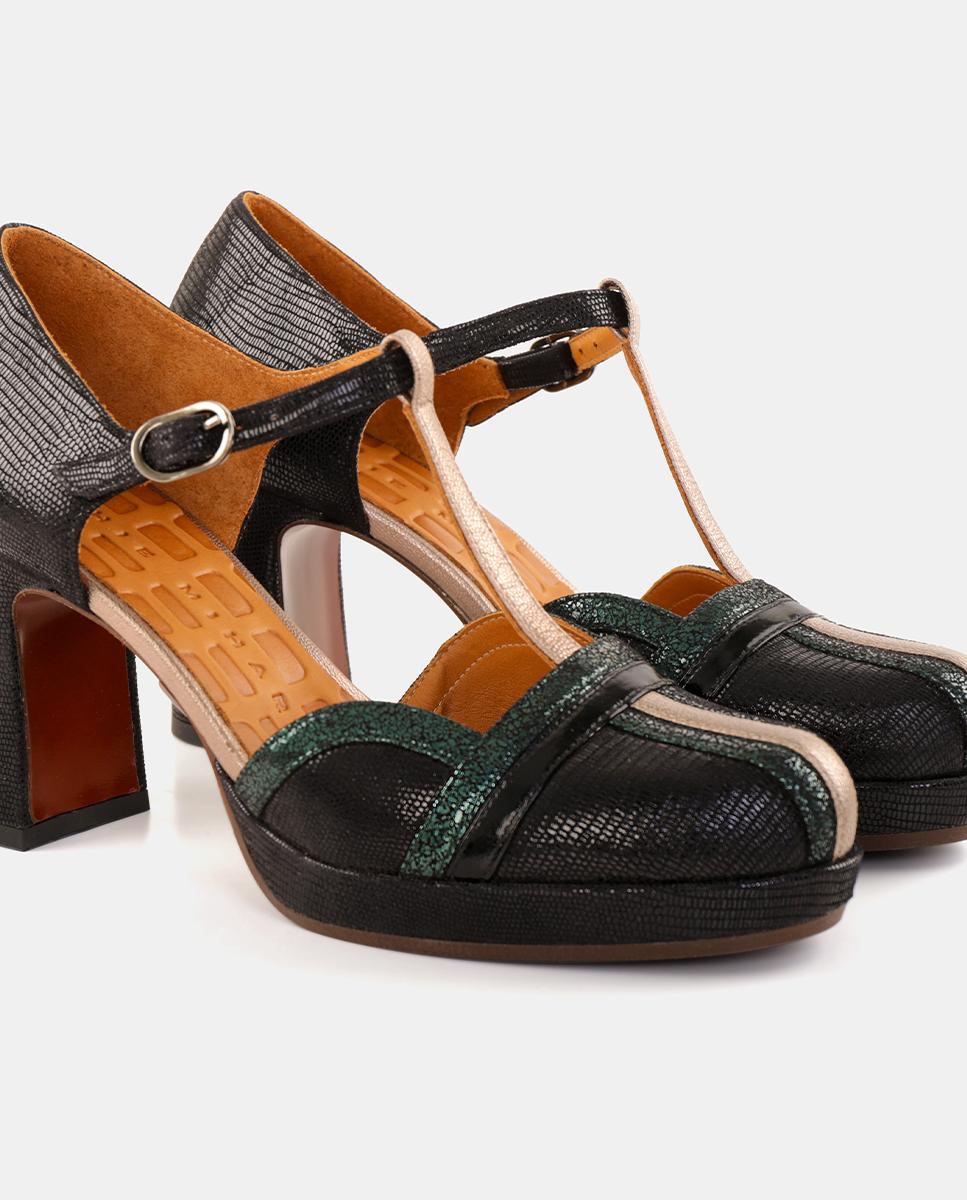 Sapatos de Mulher em Pele com Salto e Plataforma Exterior com Fecho de Fivela Preto-5