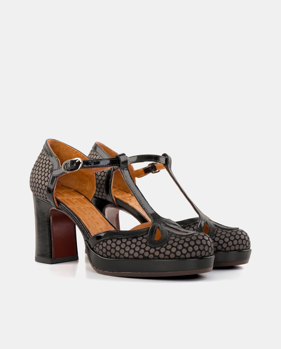 Sapatos de Mulher em Pele com Salto e Plataforma Exterior com Fecho de Fivela Cinzento fumo-2