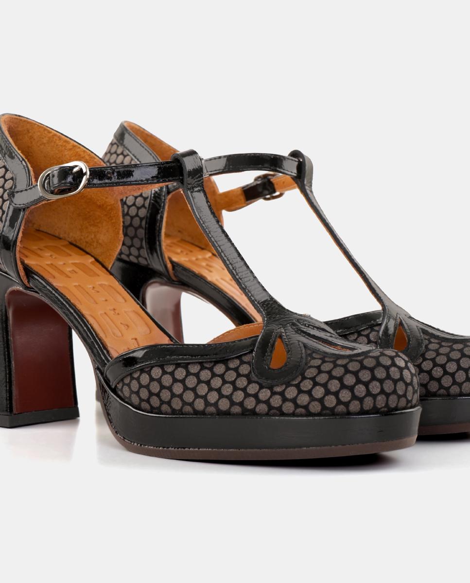 Sapatos de Mulher em Pele com Salto e Plataforma Exterior com Fecho de Fivela Cinzento fumo-5