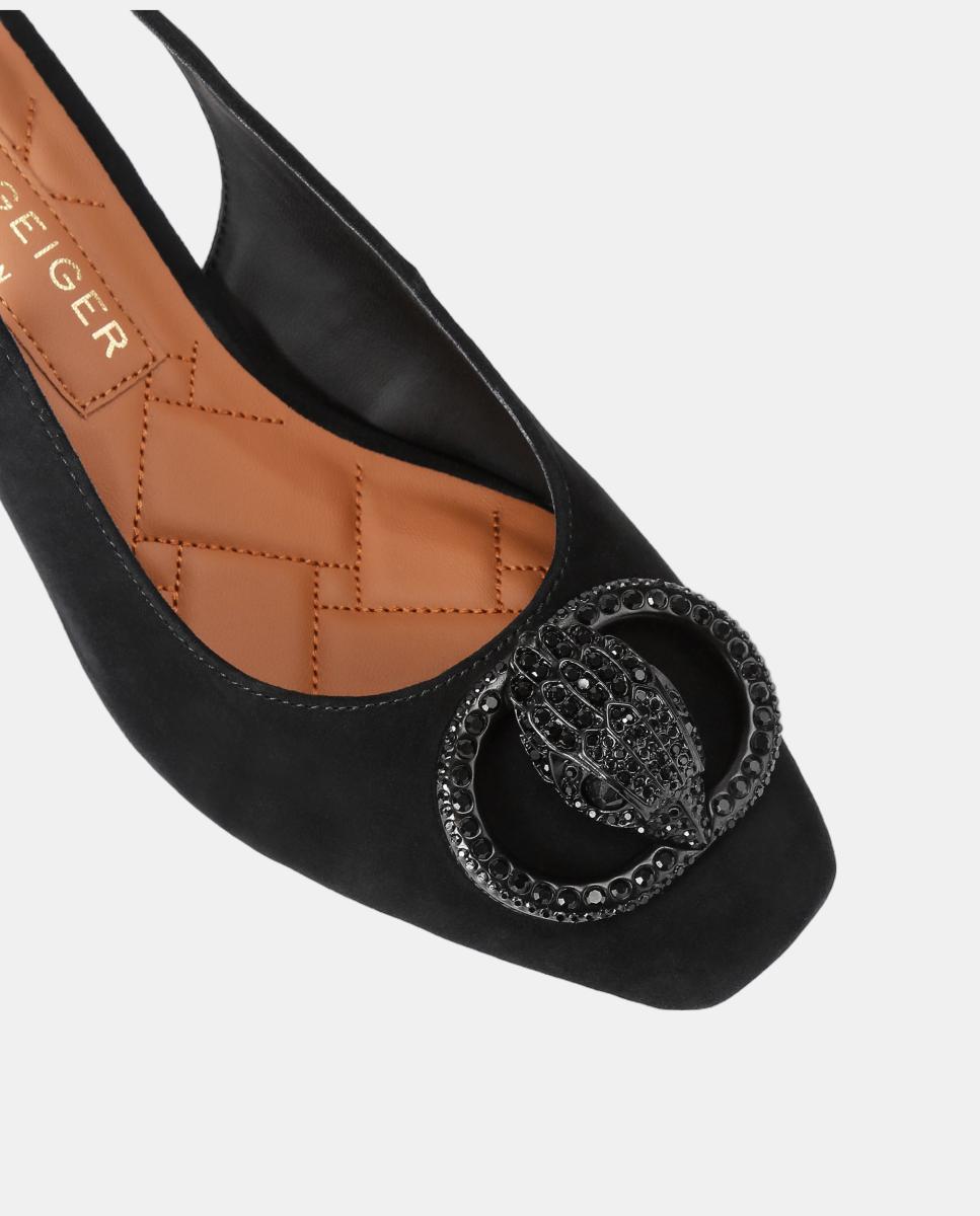 Sapatos Slingback em Camurça com Detalhe Metálico - Preto Preto-4