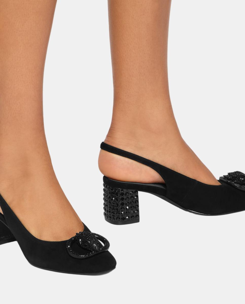Sapatos Slingback em Camurça com Detalhe Metálico - Preto Preto-6
