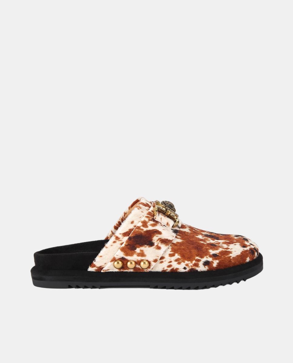 Mules Mansion Flat em Pele Estampada Castanho-claro-1