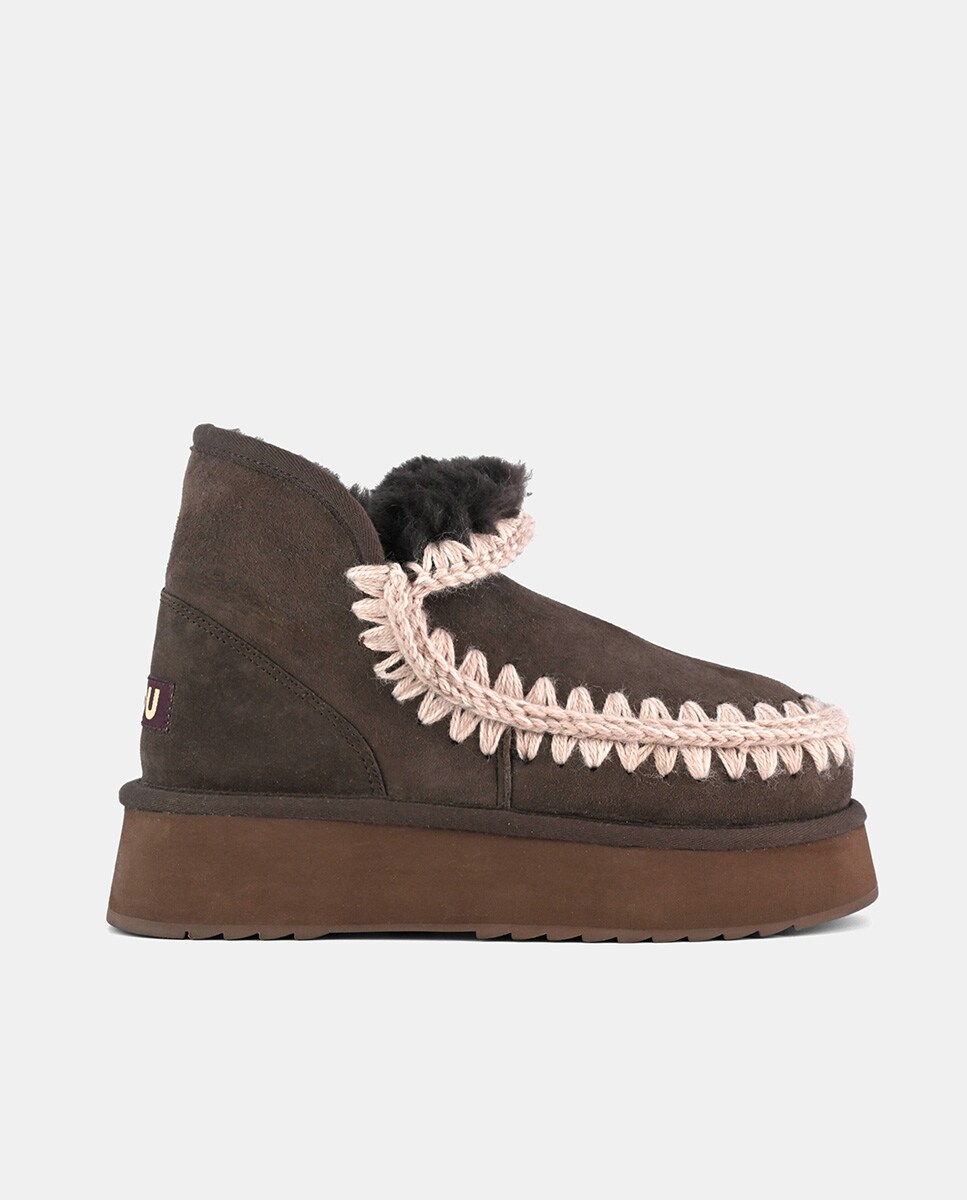 Botins Rasos Mini Eskimo em Pele com Plataforma Castanho-1