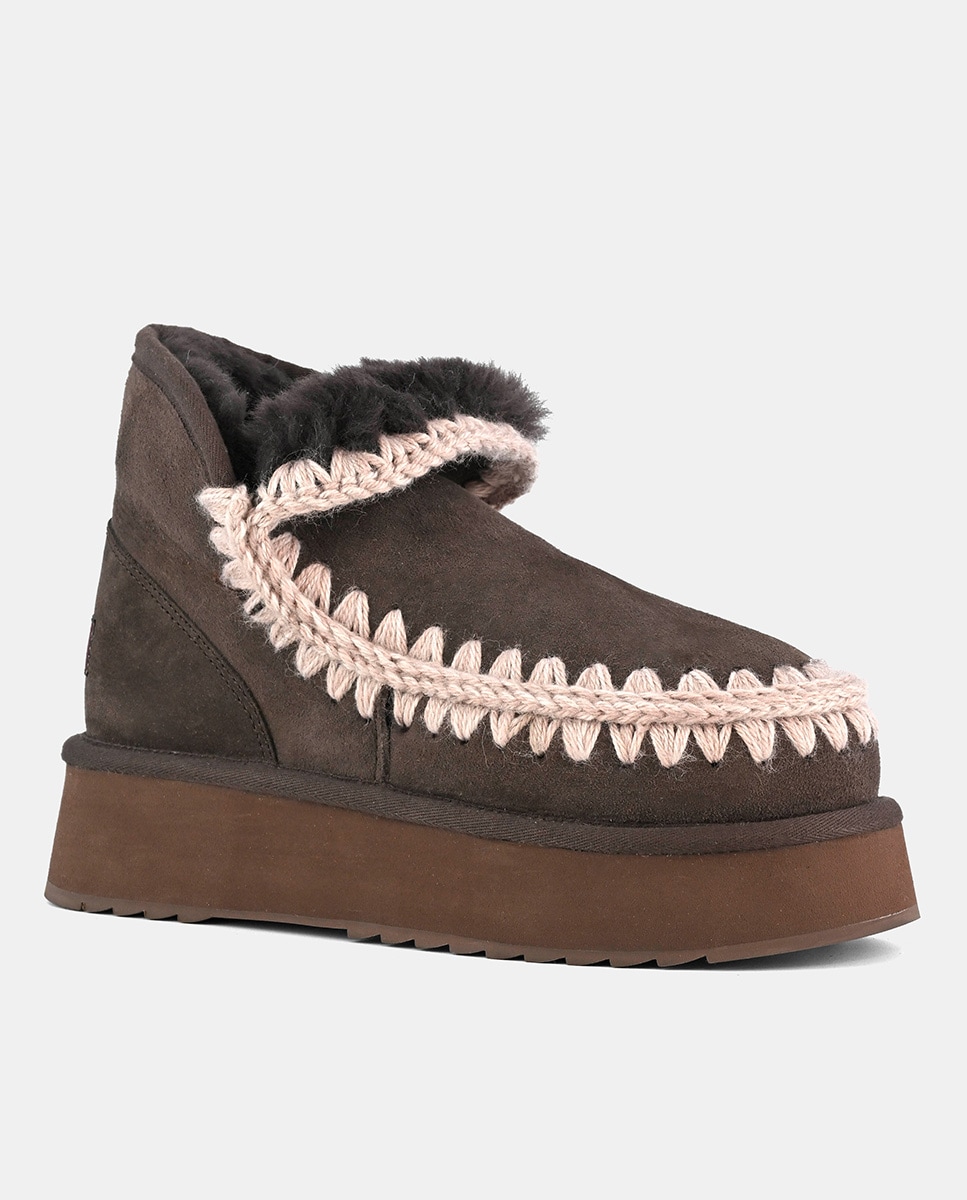 Botins Rasos Mini Eskimo em Pele com Plataforma Castanho-2