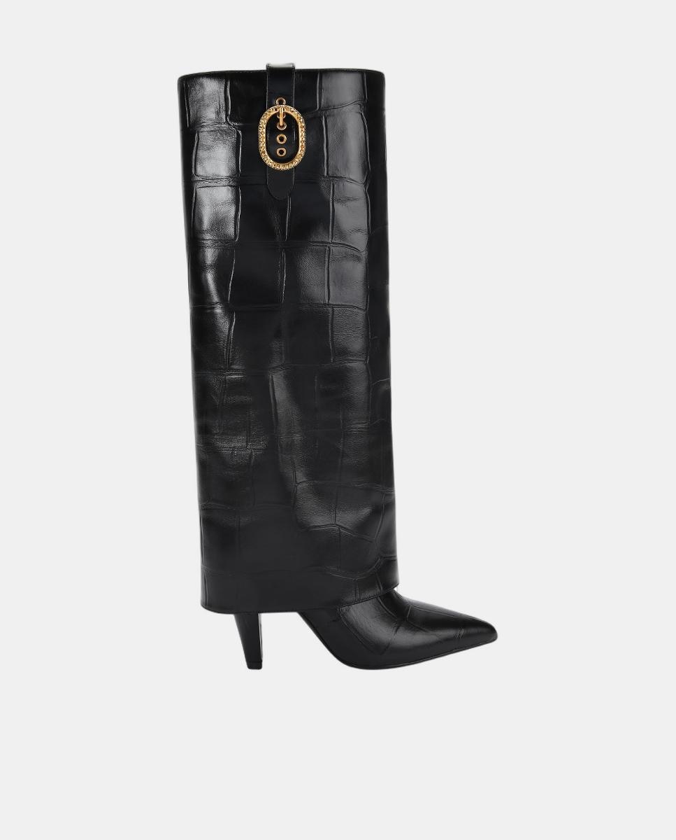 Botas Altas em Pele Texturizada com Fivela e Biqueira Pontiaguda Preto-1