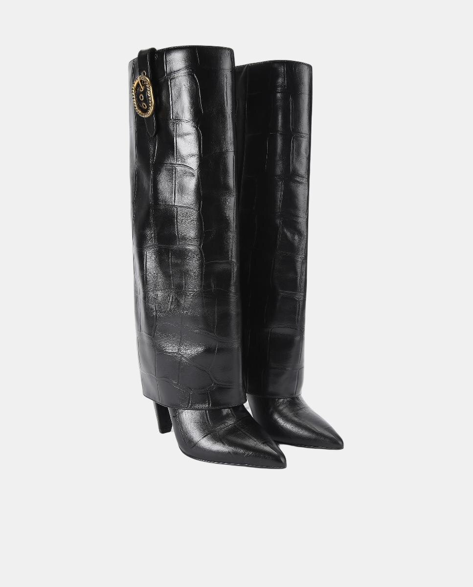 Botas Altas em Pele Texturizada com Fivela e Biqueira Pontiaguda Preto-2
