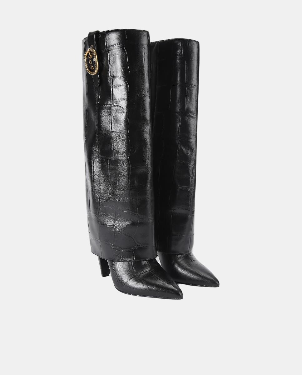 Botas Altas em Pele Texturizada com Fivela e Biqueira Pontiaguda Preto-2