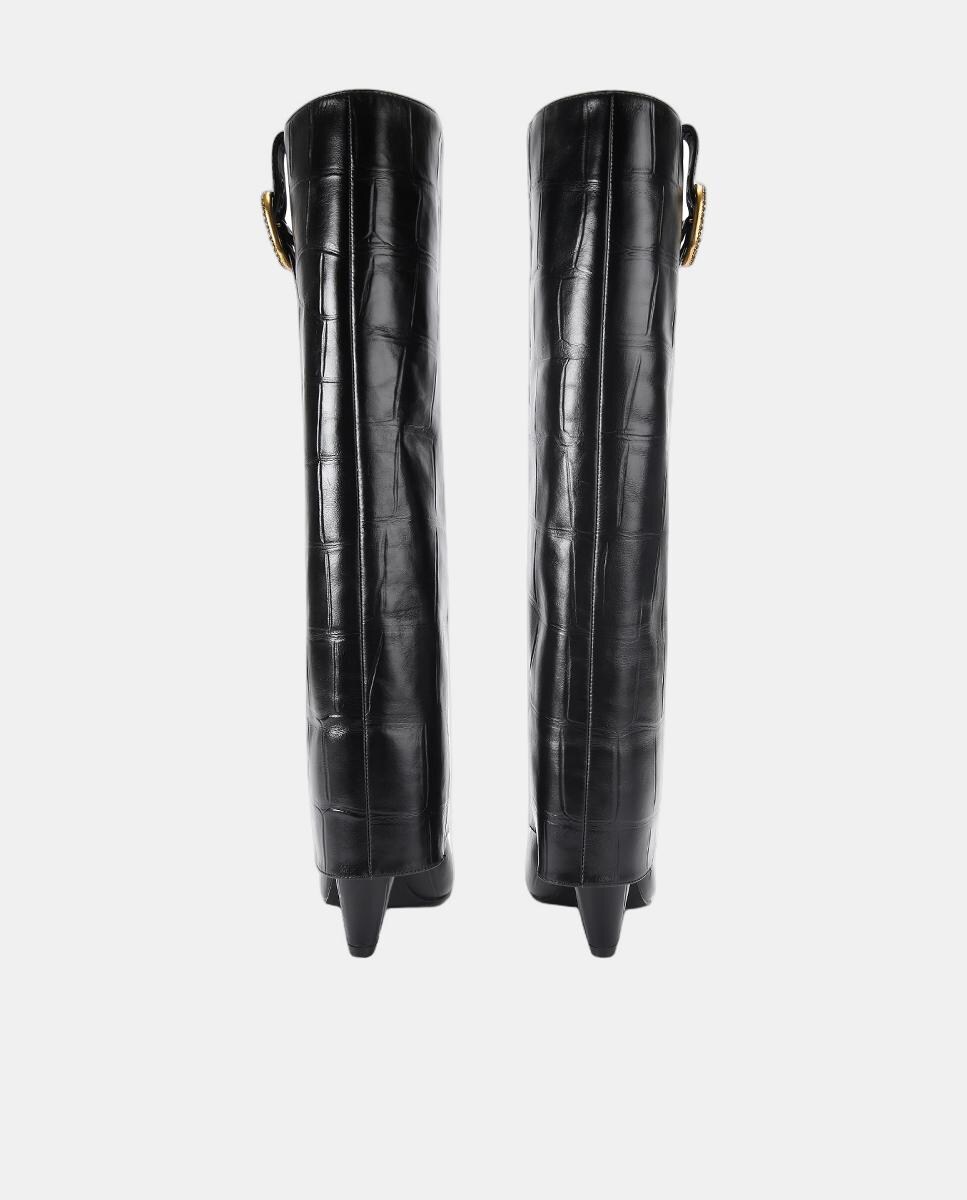 Botas Altas em Pele Texturizada com Fivela e Biqueira Pontiaguda Preto-3