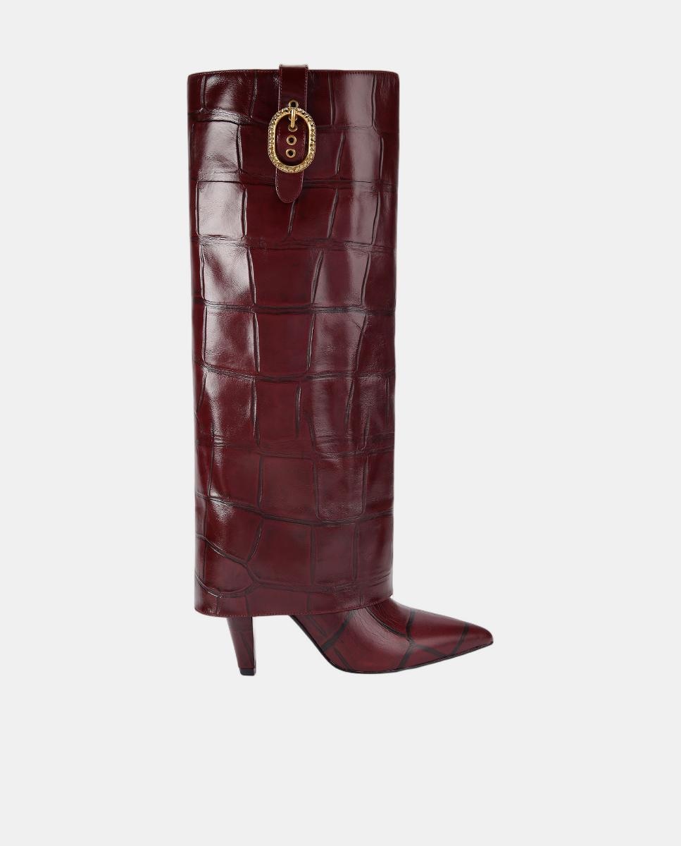 Botas Altas em Pele Texturizada com Fivela e Biqueira Pontiaguda Vermelho/Grená-1