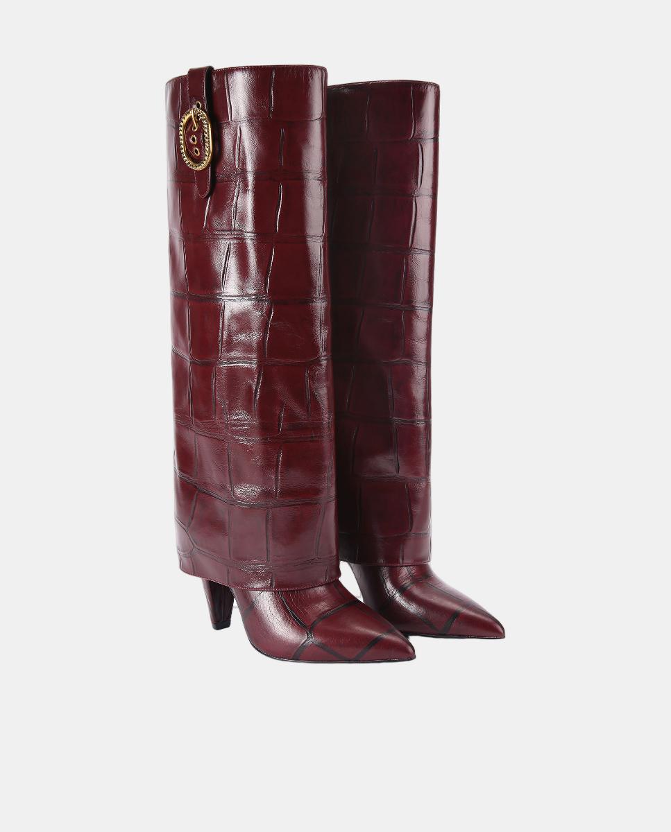 Botas Altas em Pele Texturizada com Fivela e Biqueira Pontiaguda Vermelho/Grená-2