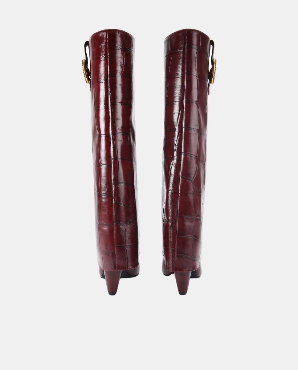Botas Altas em Pele Texturizada com Fivela e Biqueira Pontiaguda Vermelho/Grená-3