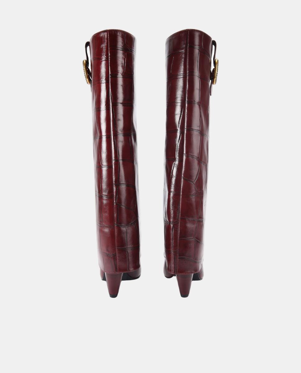 Botas Altas em Pele Texturizada com Fivela e Biqueira Pontiaguda Vermelho/Grená-3