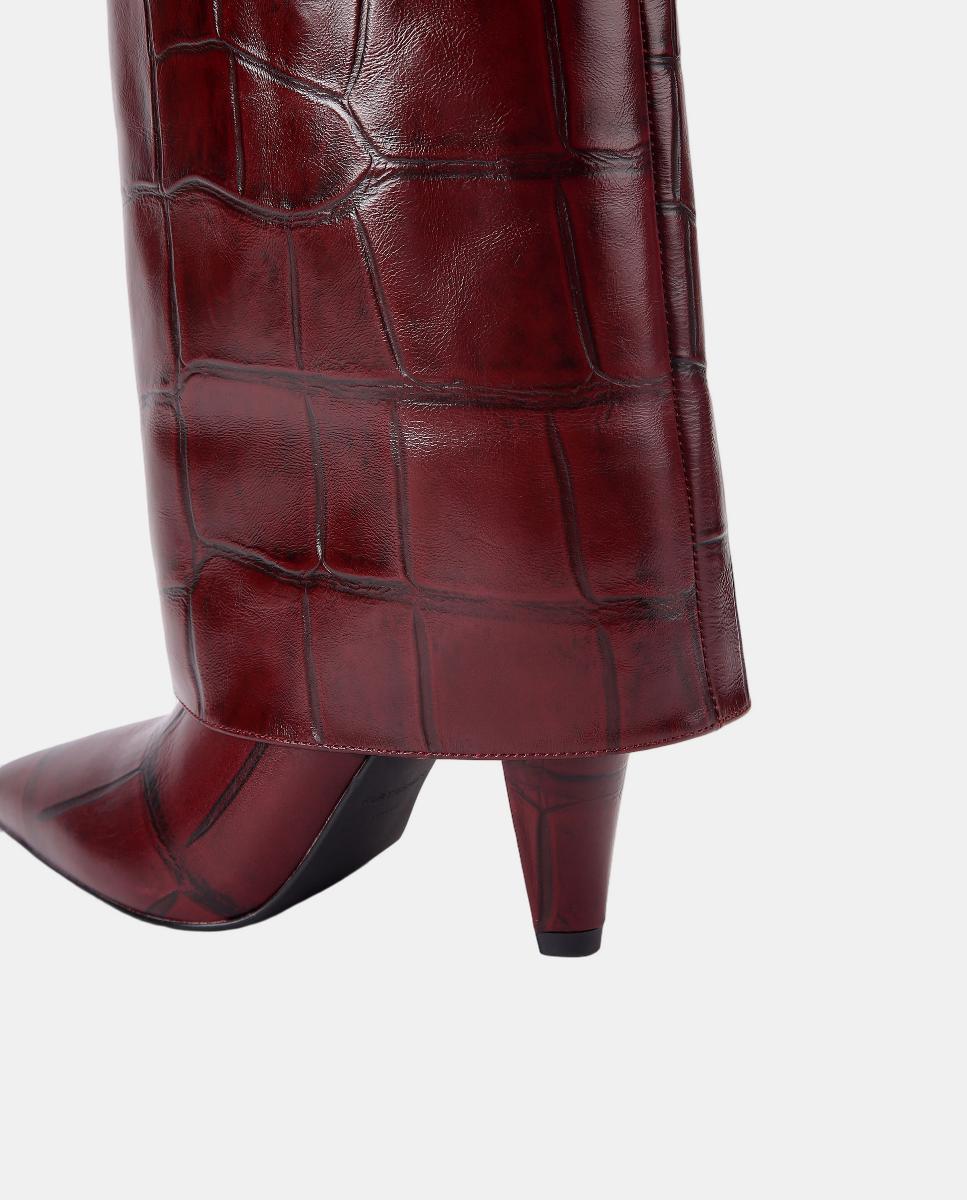 Botas Altas em Pele Texturizada com Fivela e Biqueira Pontiaguda Vermelho/Grená-4
