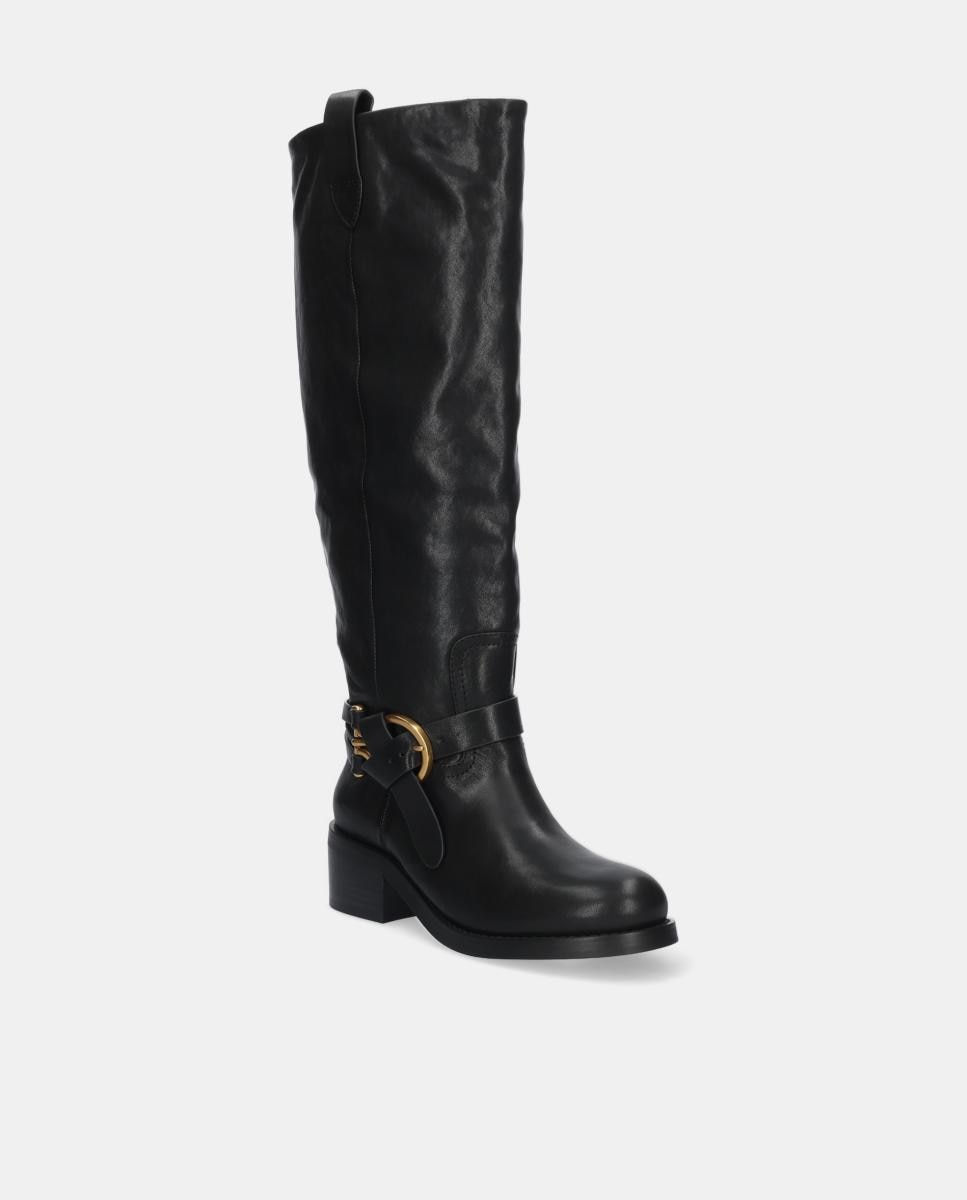Botas em Pele com Adorno de Fivela e Salto de Bloco Preto-2